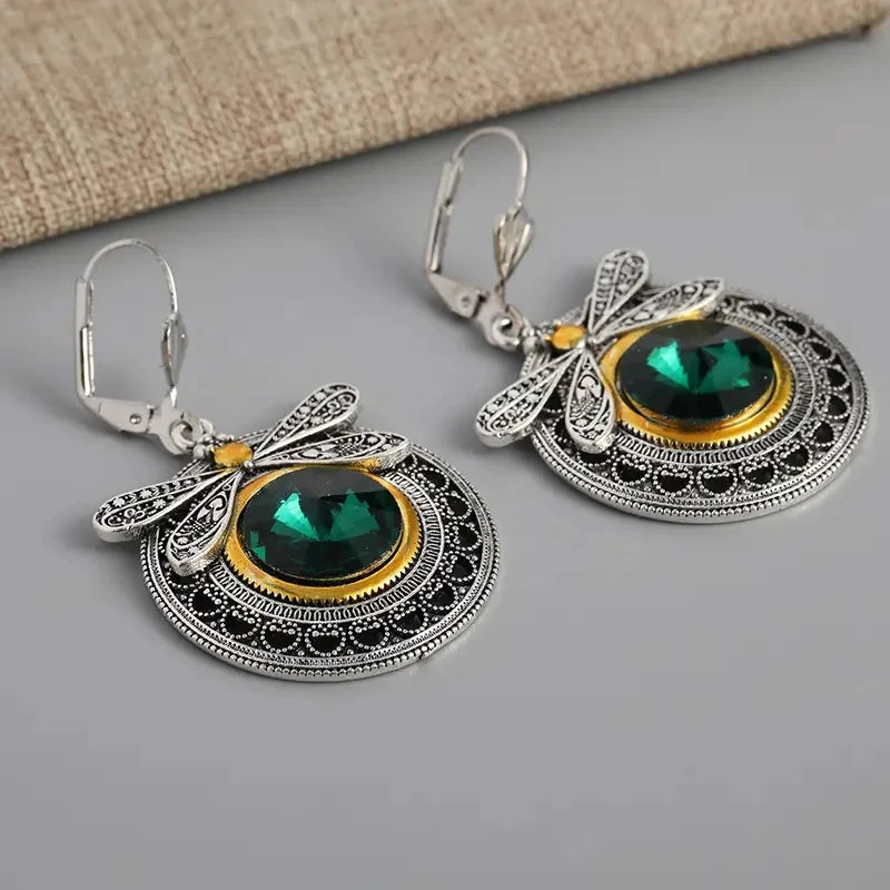 Kolczyki ważka z zielonym krystatem