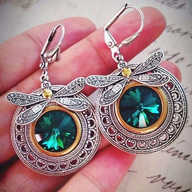 Kolczyki ważka z zielonym krystatem