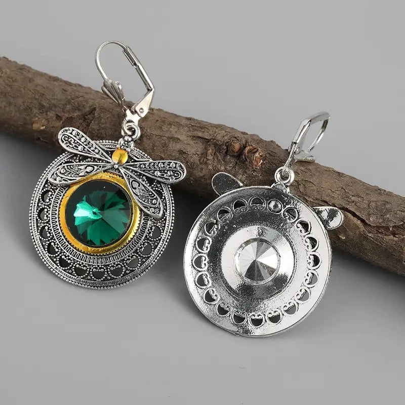 Kolczyki ważka z zielonym krystatem