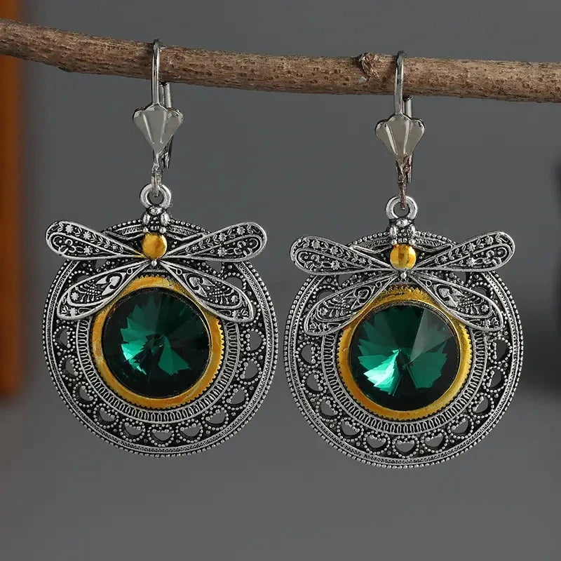 Kolczyki ważka z zielonym krystatem